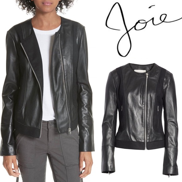 JOIE Morina Lambskin Leather Jacket Black Caviar Sz L Large Wool Moto Biker New - Picture 2 of 16